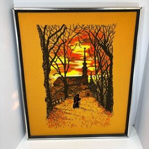 Vtg Framed Crewel Embroidered 70’s Orange “Evening Prayer” Church Sunset Art Lg